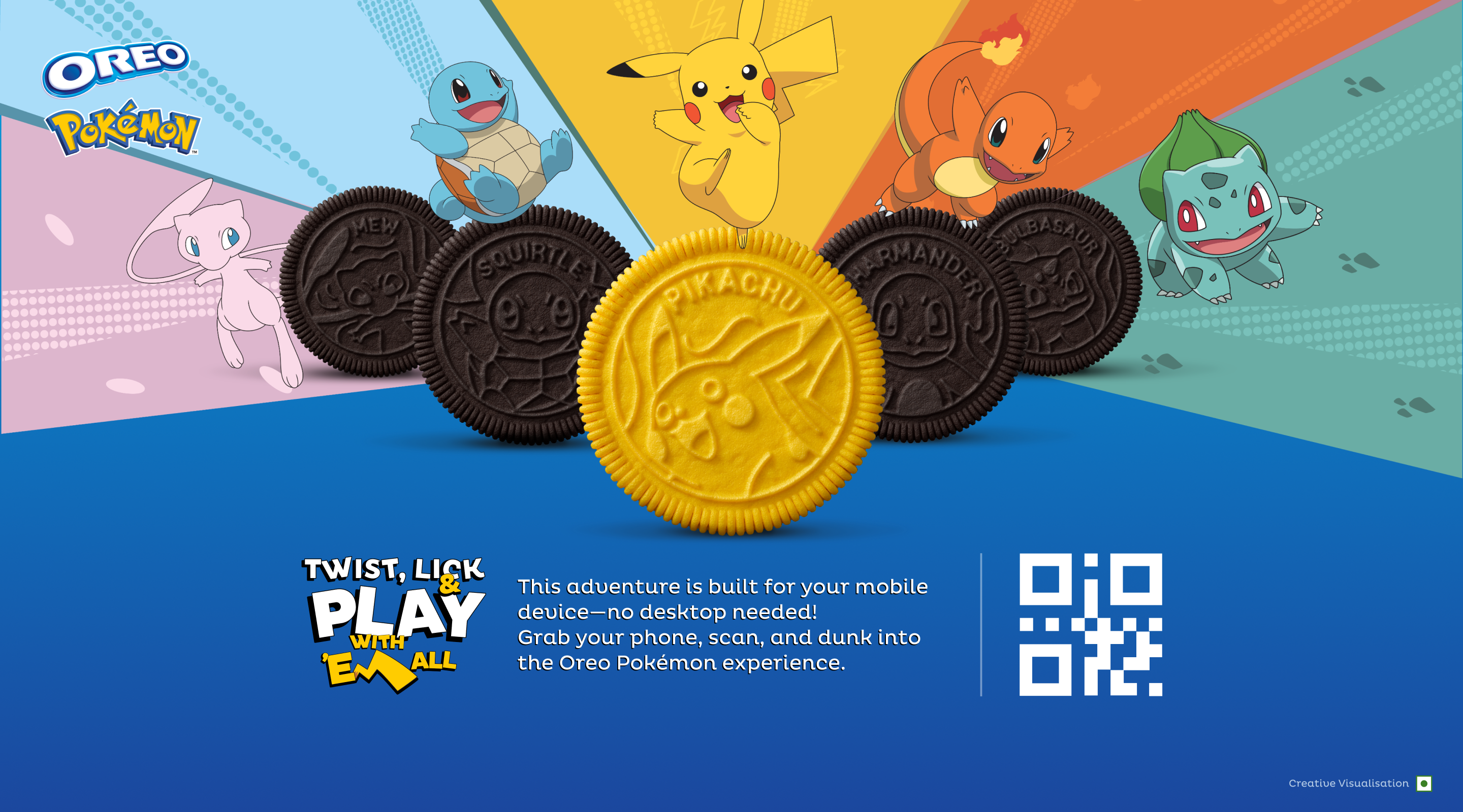 Oreo × Pokémon key art: Pikachu, Squirtle, Charmander, Bulbasaur, Mew and the embossed cookies