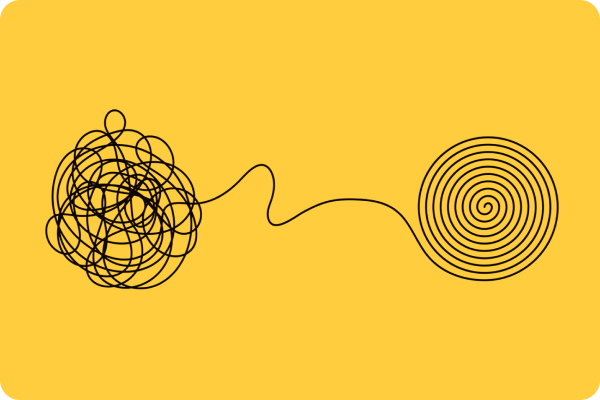 A single tangled thread on the left pulls loose and winds into a clean ordered spiral on the right — the complicated, made obvious