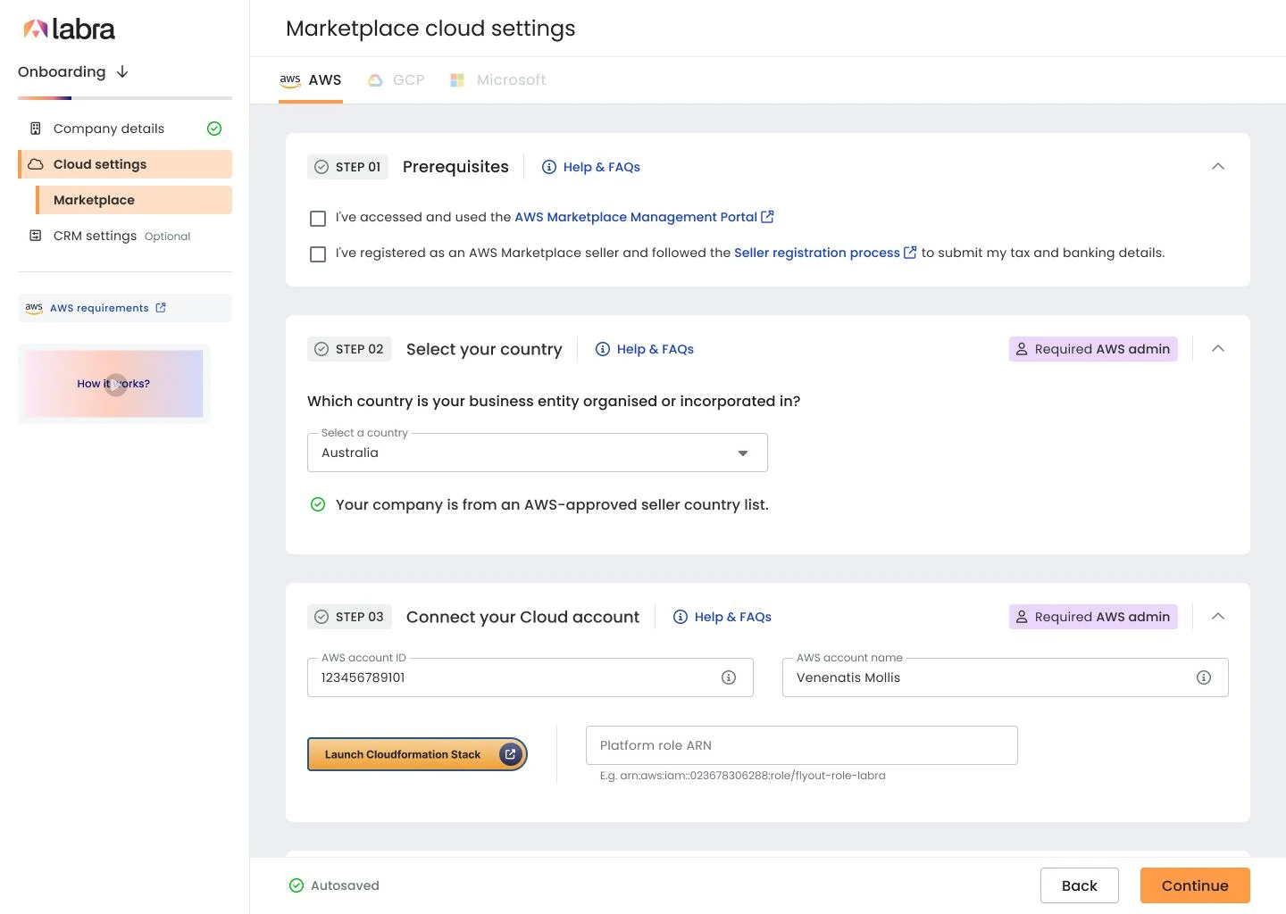 Marketplace cloud settings — prerequisites, country validation and role badges
