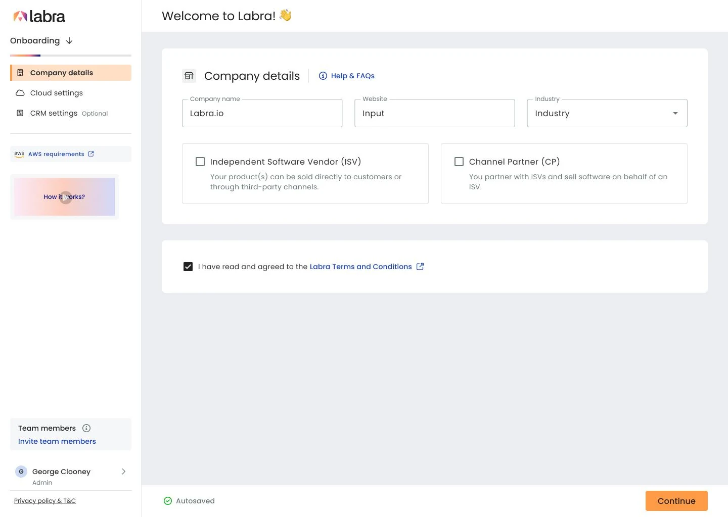 Onboarding — company details with a guided stepper and sidebar help