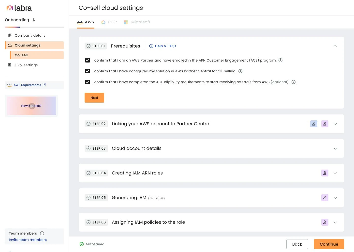 Co-sell cloud settings — same stepper with role icons per step