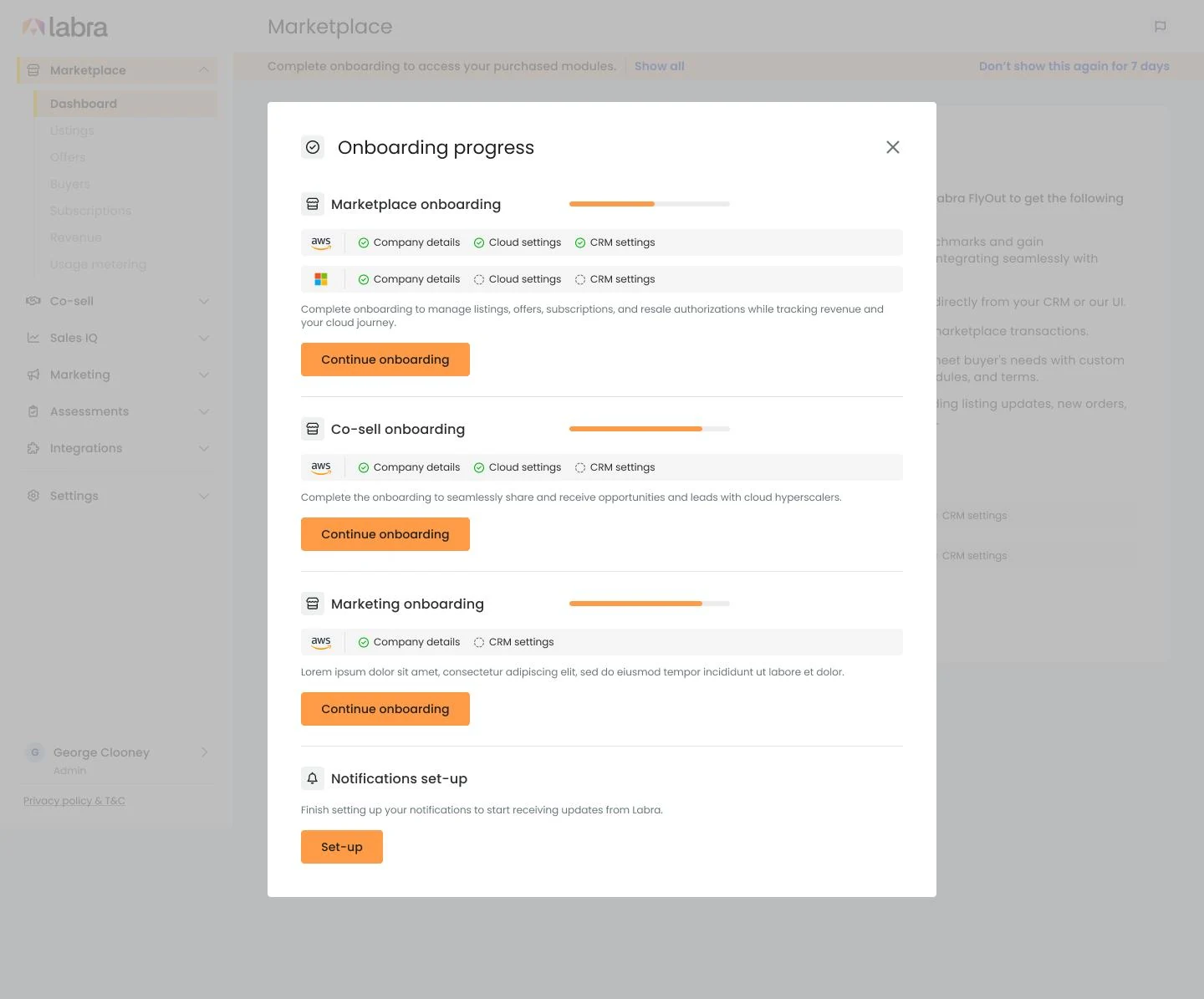 Onboarding progress — per-module progress bars and multi-cloud badges