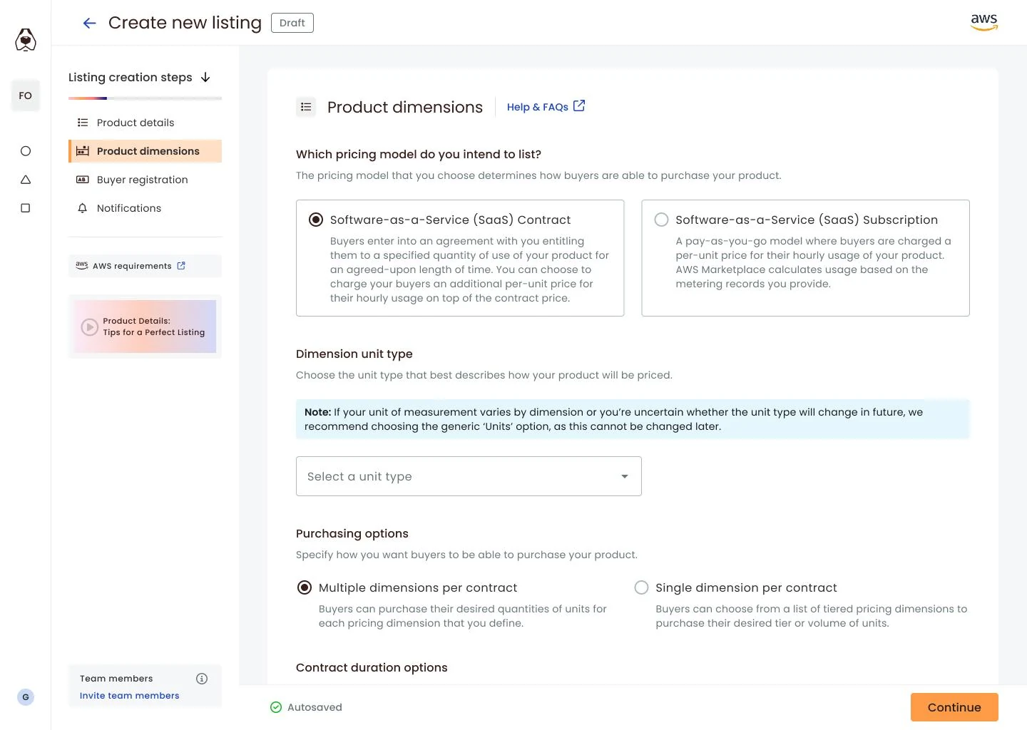 Product dimensions step with an inline Note callout and Help & FAQs