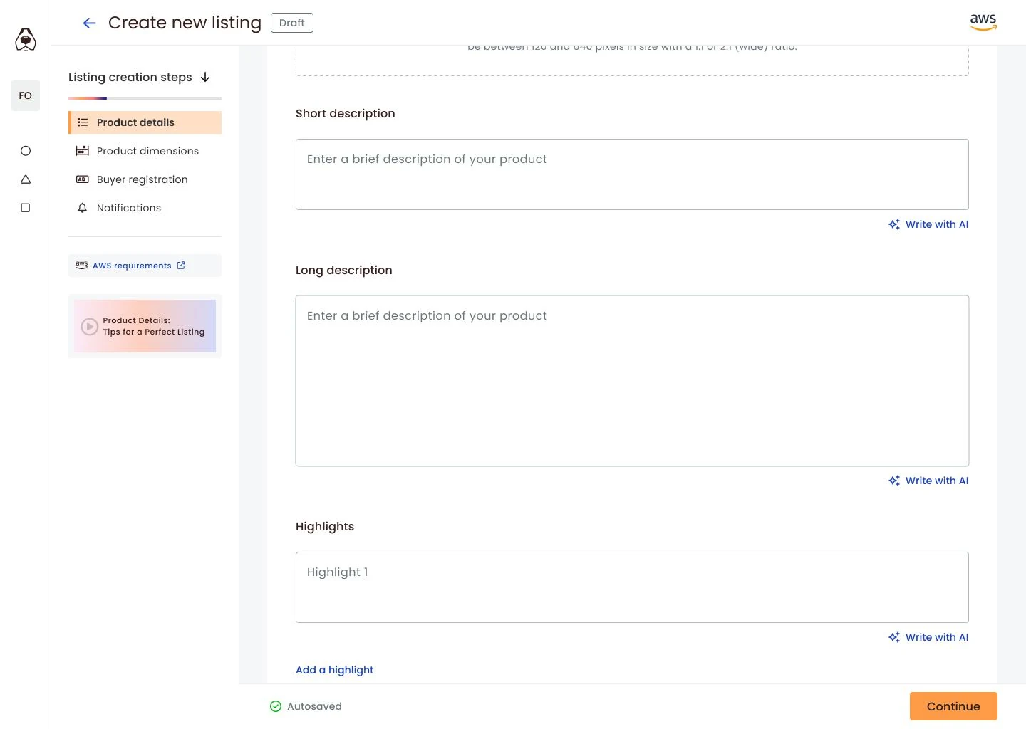 Write with AI inline on every description field